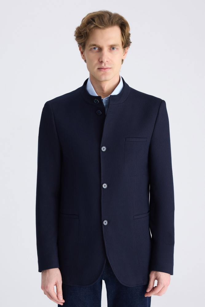 Twn Slim Fit Lacivert Armürlü Kumaş Ceket